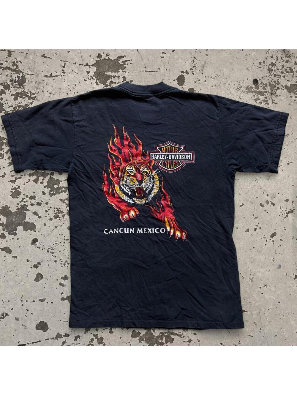 Mens Vintage 90s Harley Davidson Flaming Tiger Tee SIze L